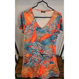 Ofeefan Tropical Palm Leaf Print V-Neck Mini Dress with Pockets Orange Blue M
